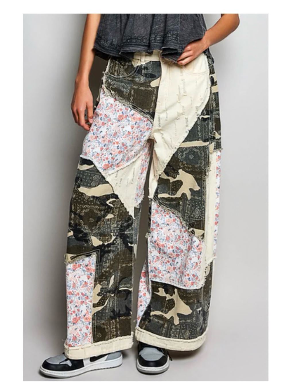 Wide-Leg Patchwork Pants in Olive & Cream - Picture 7 of 11